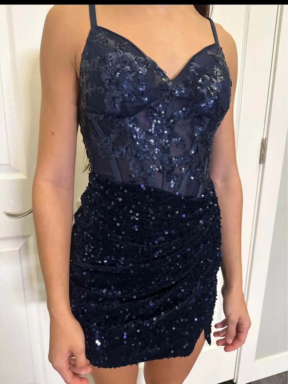 Navy Sequin Mini Dress with Lace Bodice